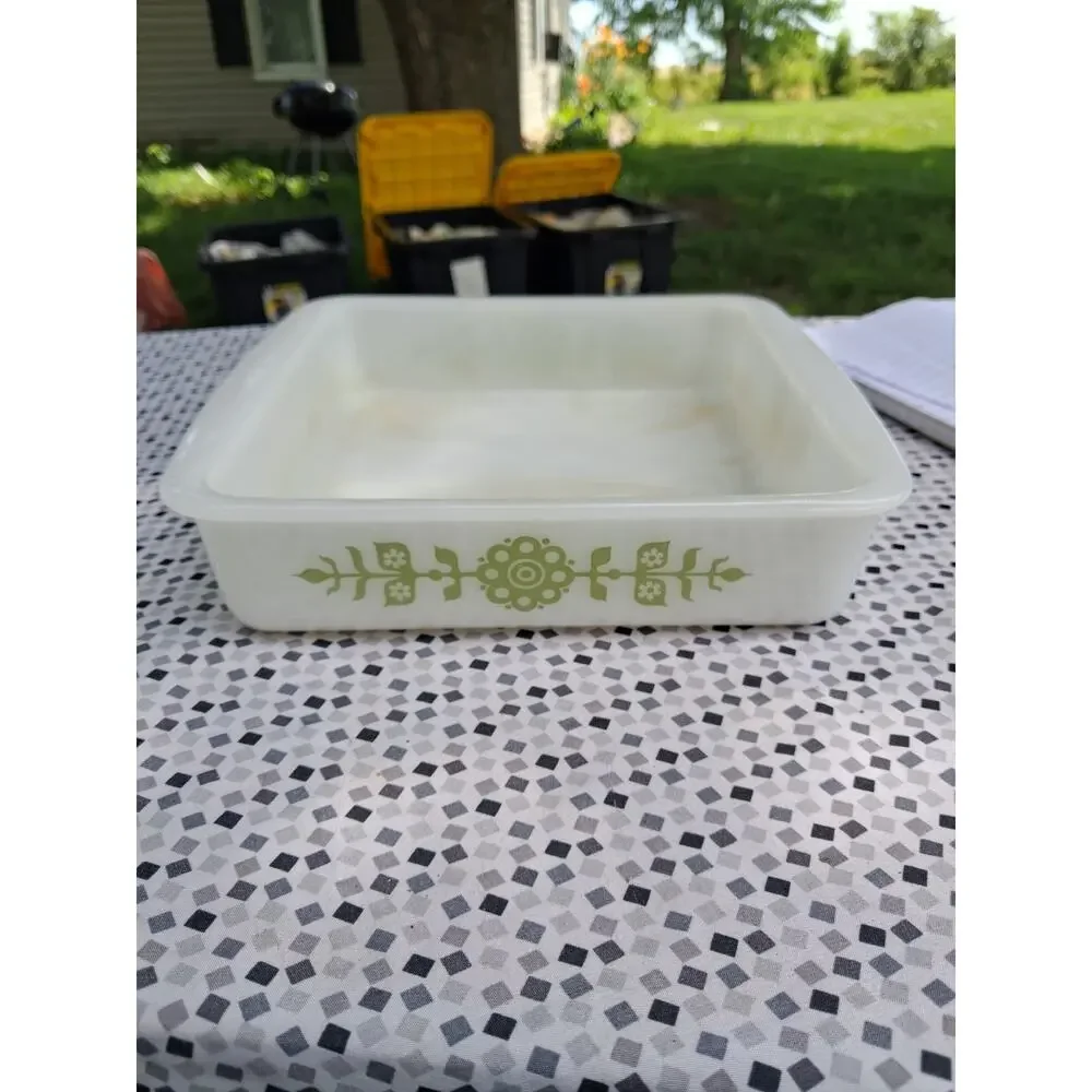 VTG Glasbake Milk Glass Square Brownie Dish Green Flower Floral Pattern J2428